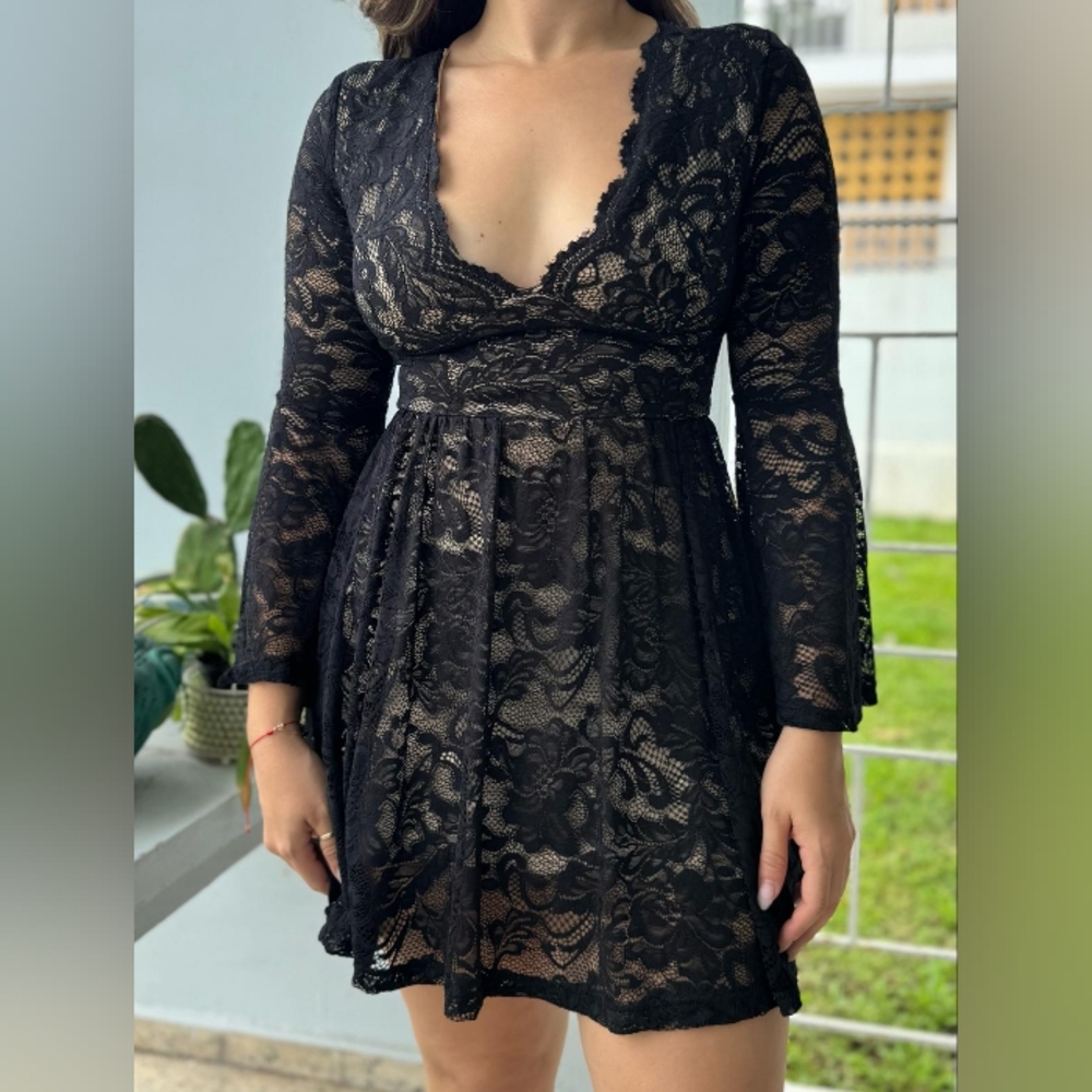Elegant Black Lace Beige Interior Lined Mini Dress By Élevée.